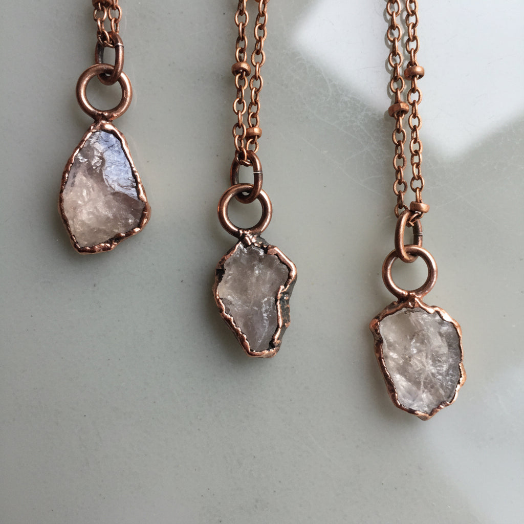 Raw Rose Quartz Necklace — Handcrafted Copper Talisman for Self Love