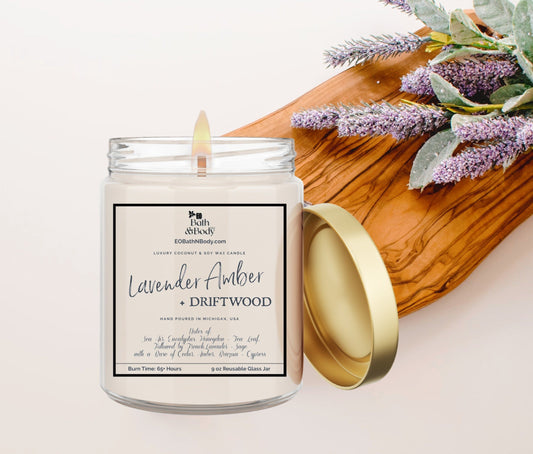 Lavender Amber + Driftwood Luxury Coconut + Soy Wax Candle