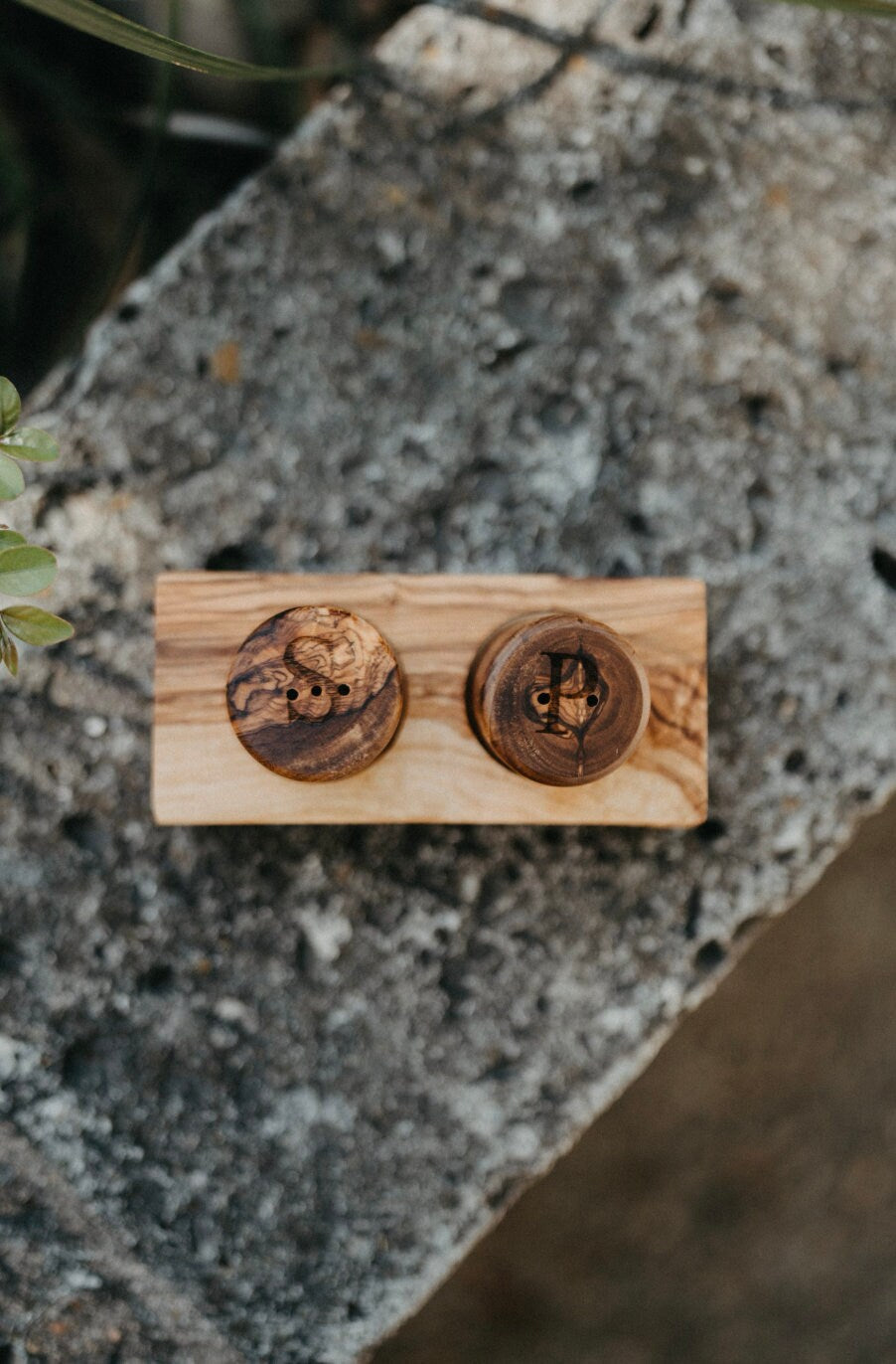 Olive Wood Salt And Pepper Shakers w/ Holder