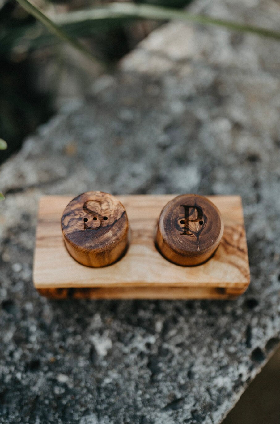 Olive Wood Salt And Pepper Shakers w/ Holder