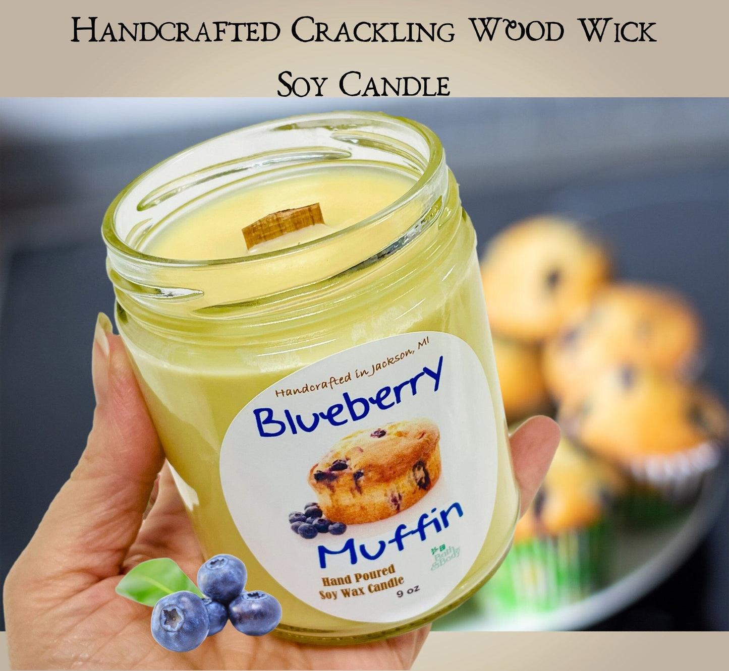 Blueberry Muffin Luxury Wood Wick Soy Candle | Hand Poured | Zero Waste & Reusable | Christmas Gift | Cozy Candle | Gift for Friend | 9 oz