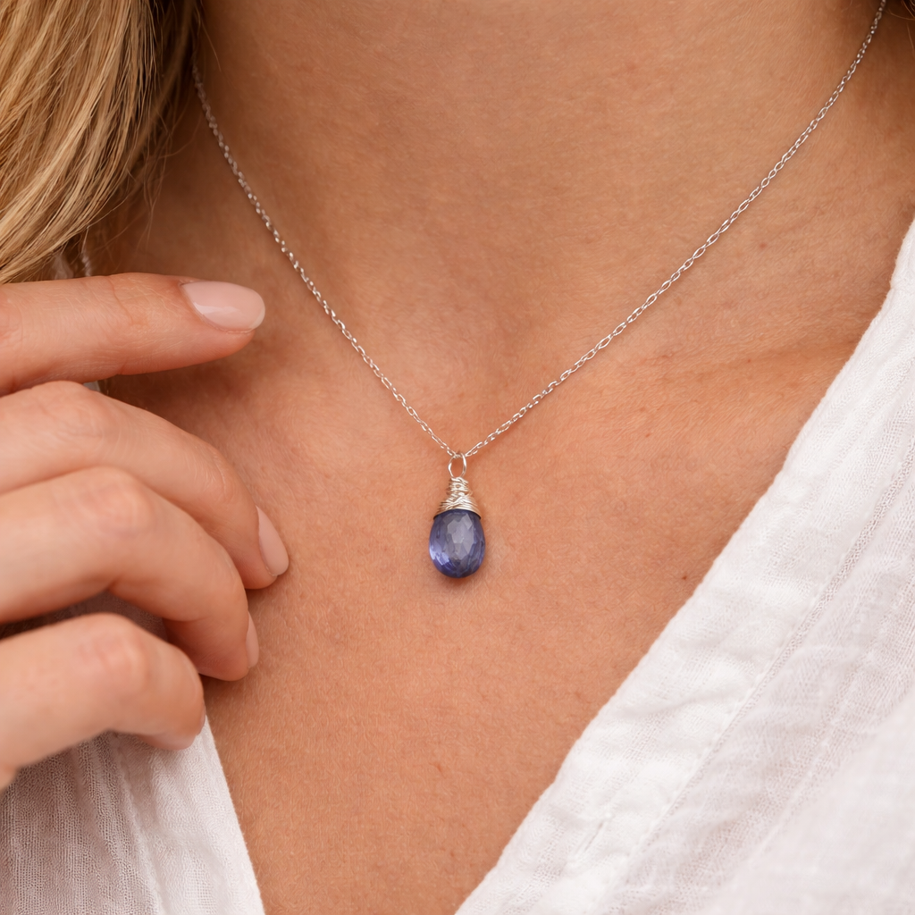 Dainty Iolite Briolette Sterling Silver Necklace