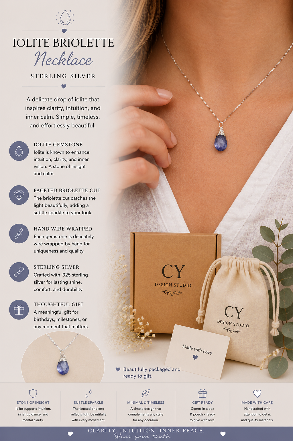Dainty Iolite Briolette Sterling Silver Necklace