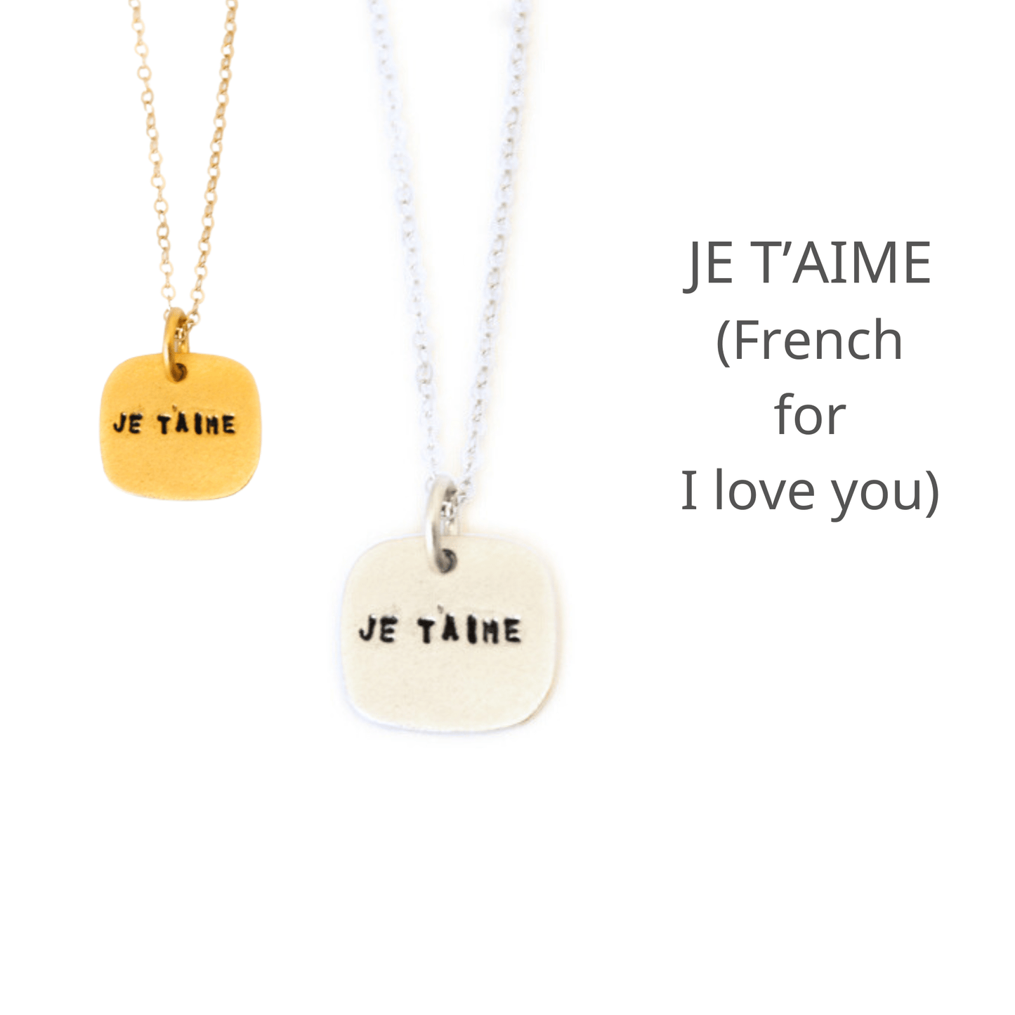 Je T'aime - French for "I love you" square necklace