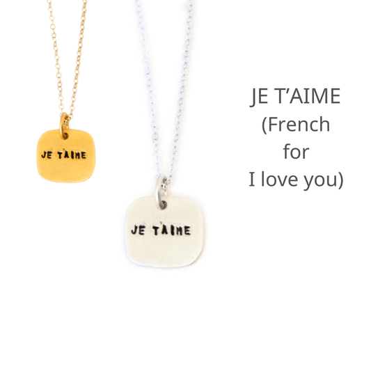 "Je T'aime," french for "I love you" square necklace