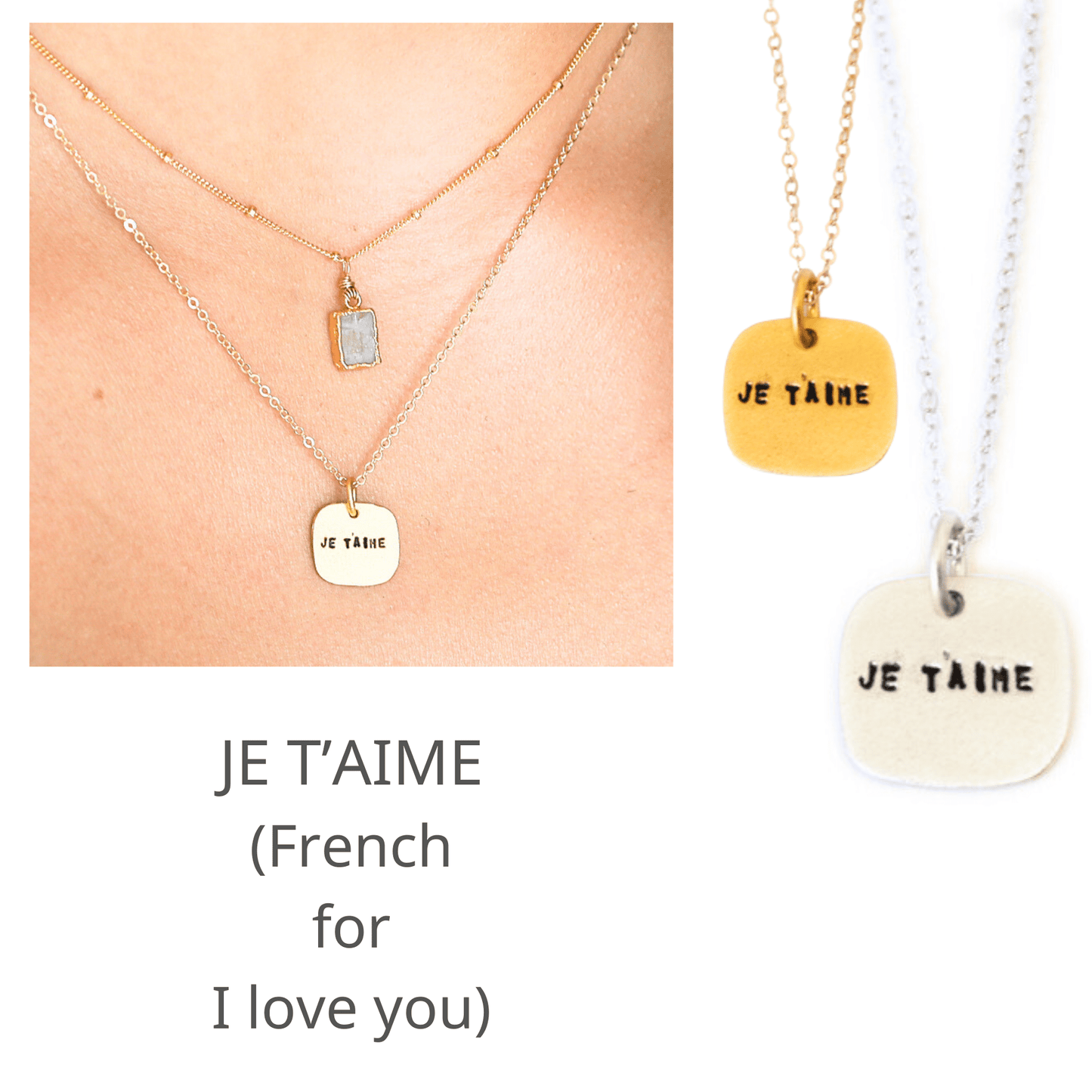 Je T'aime - French for "I love you" square necklace