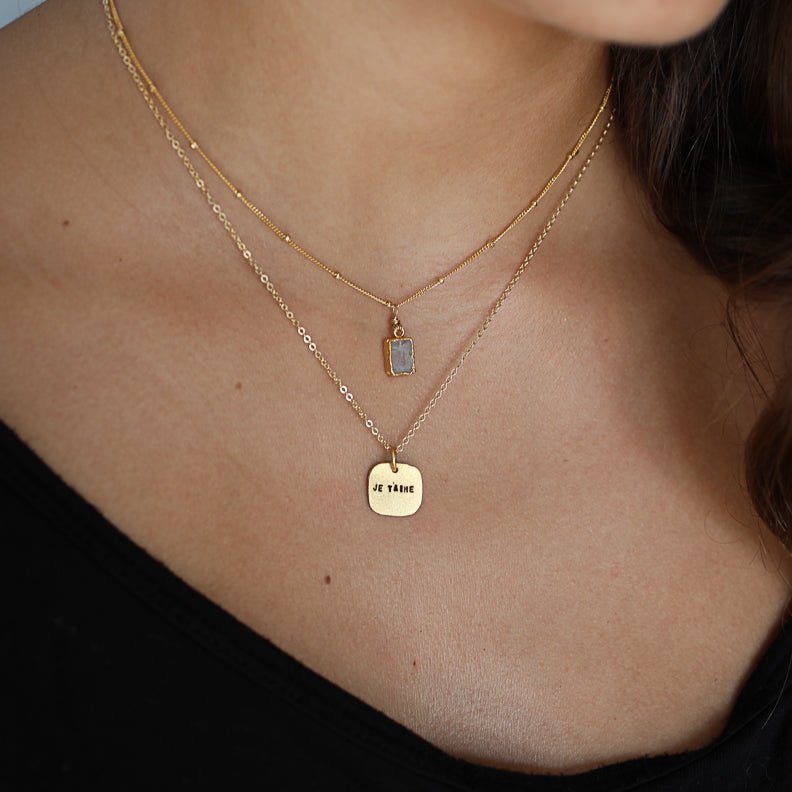 Je T'aime - French for "I love you" square necklace
