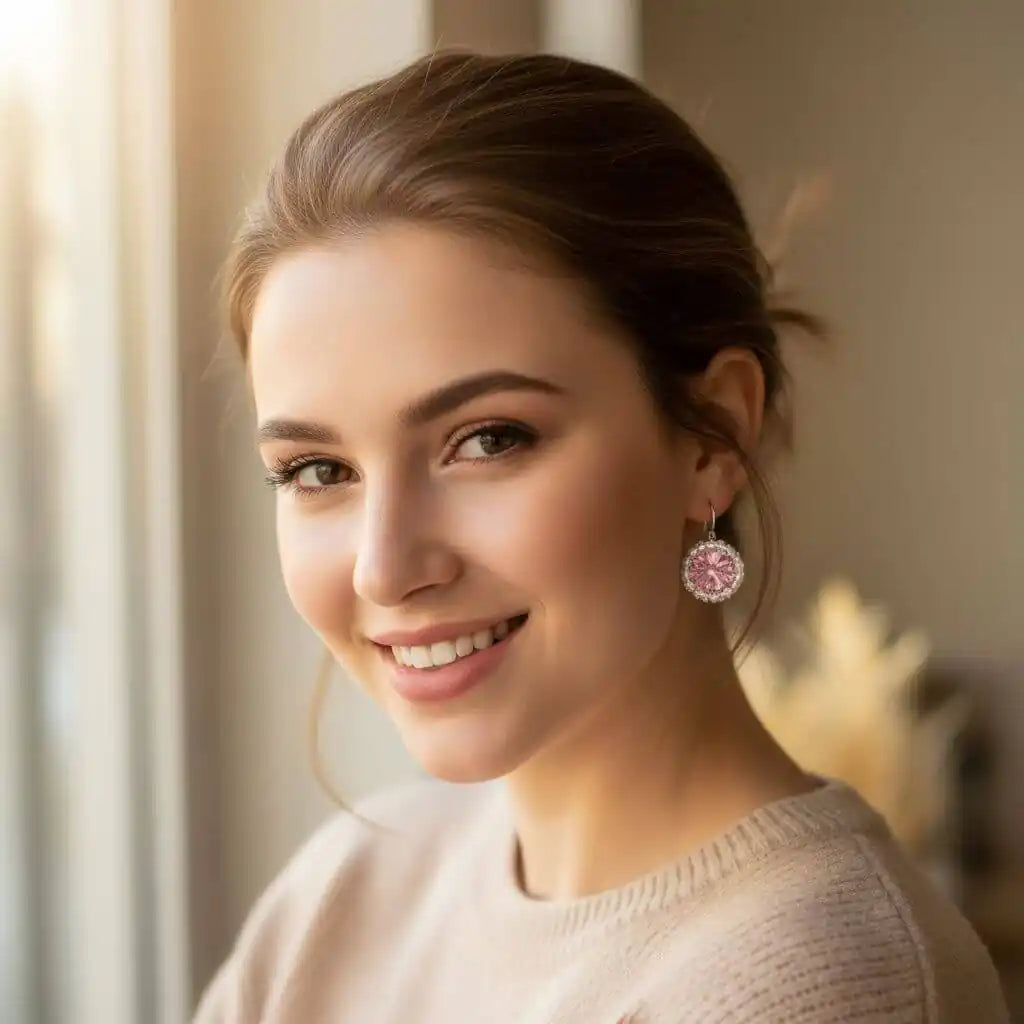 Handmade Beaded Bezel Pink Crystal Halo Earrings