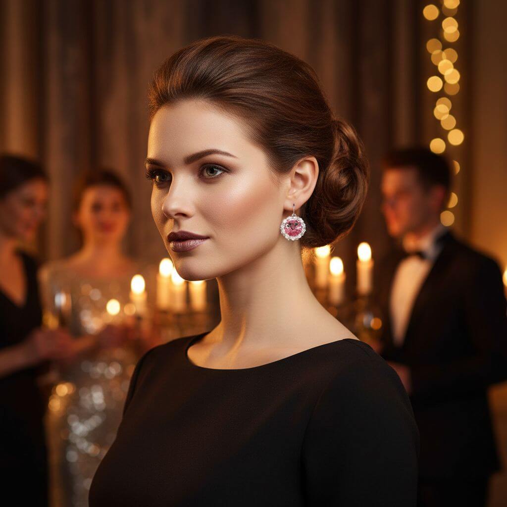 Handmade Beaded Bezel Pink Crystal Halo Earrings