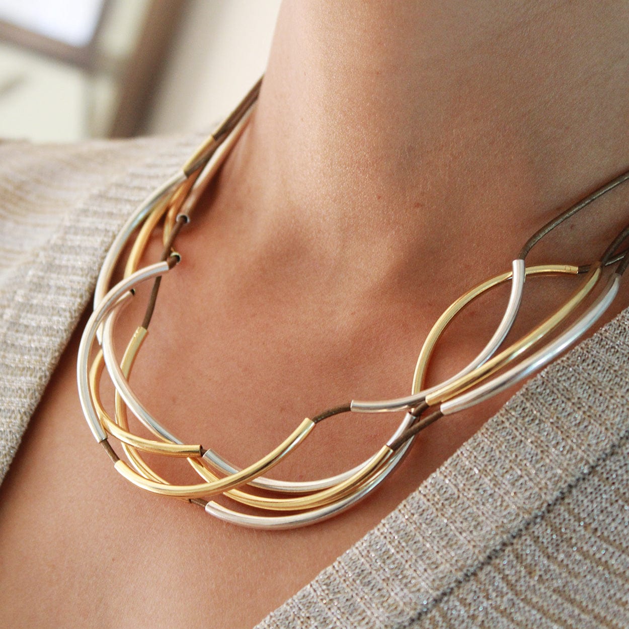 Lizzy Classic 4 Strand Metallic Bronze Leather Convertible Wrap Bracelet Necklace in Gold & Silver
