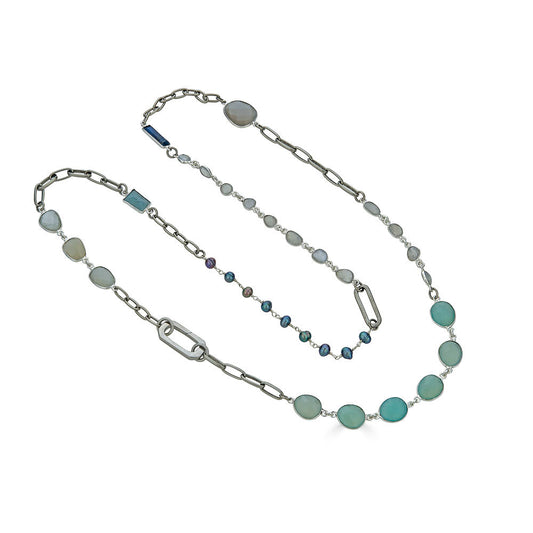 Silver Moonstone, Kyanite, Aquamarine and Pearl Long Necklace