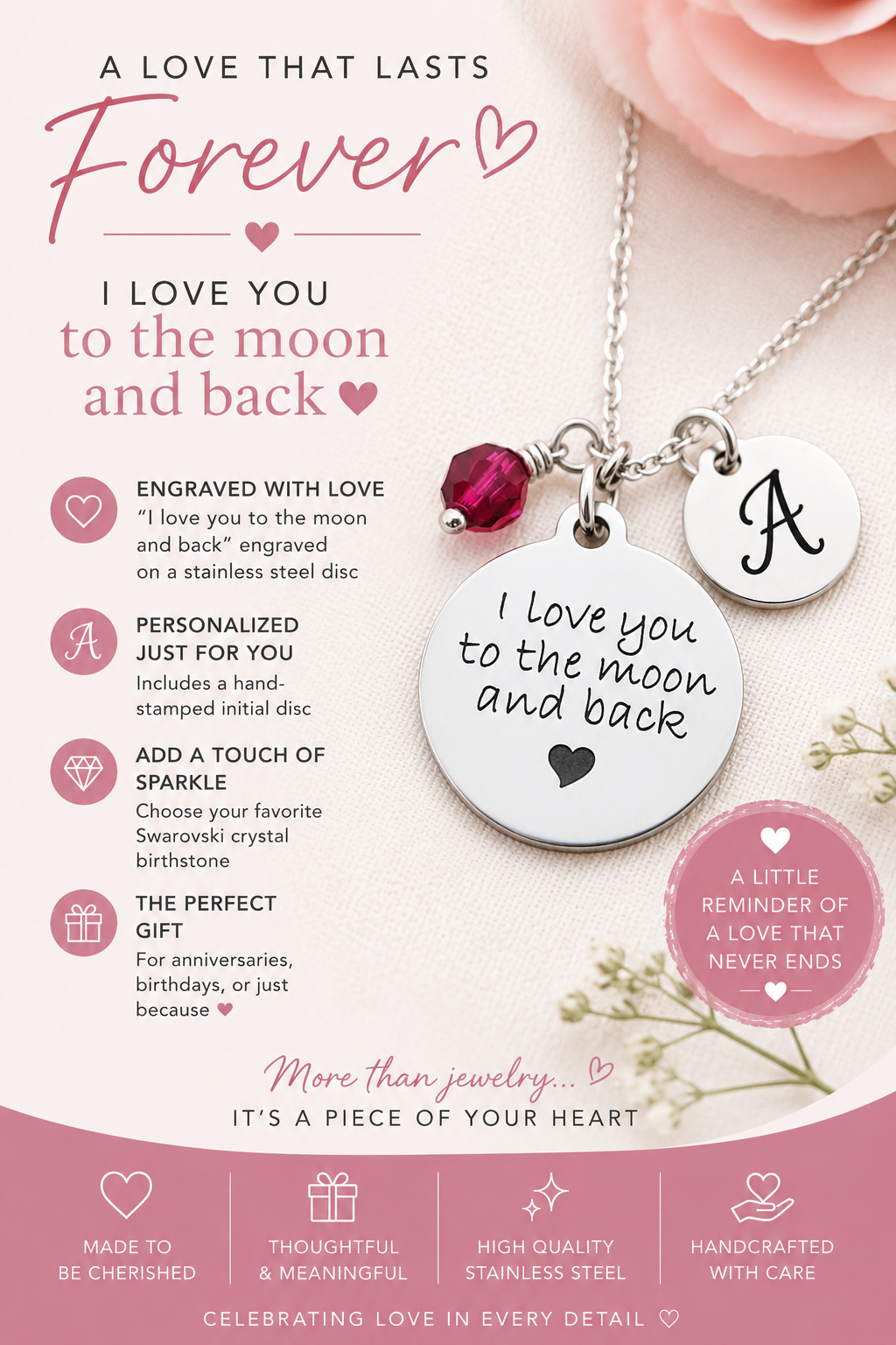 I Love You to the Moon and Back Necklace – Sterling Silver with Birthstone & Initial Charm