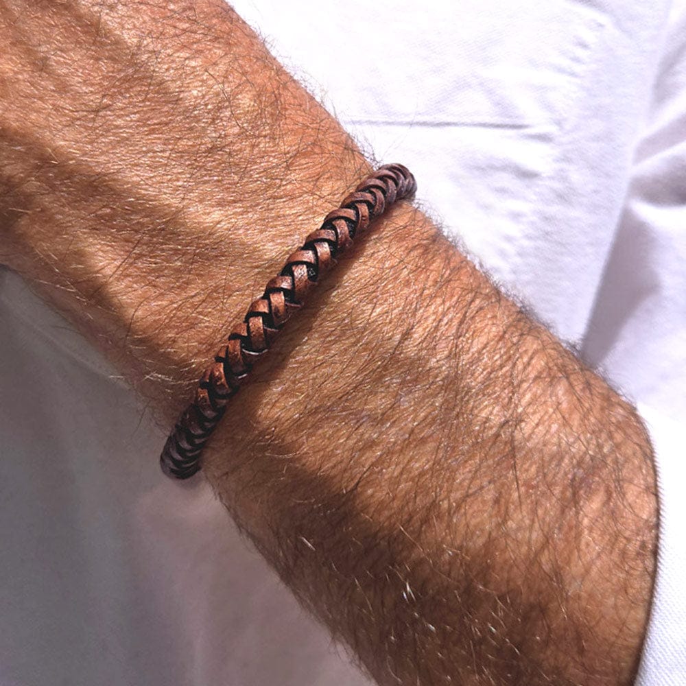 Max Unisex Brown Braided Leather Bracelet with Magnetic Clasp