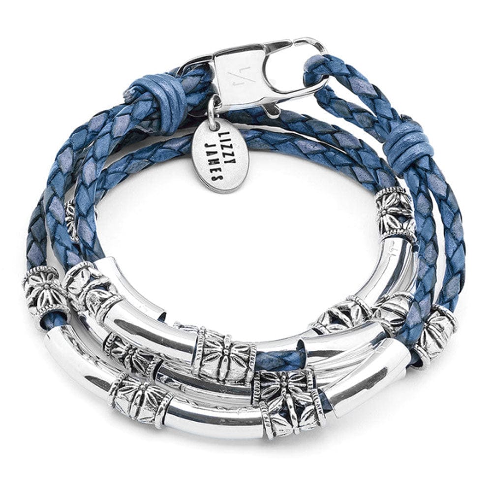 Woman's Maxi Braided Blue Leather Wrap Bracelet with Etched Silver Crescents | 8 Colors