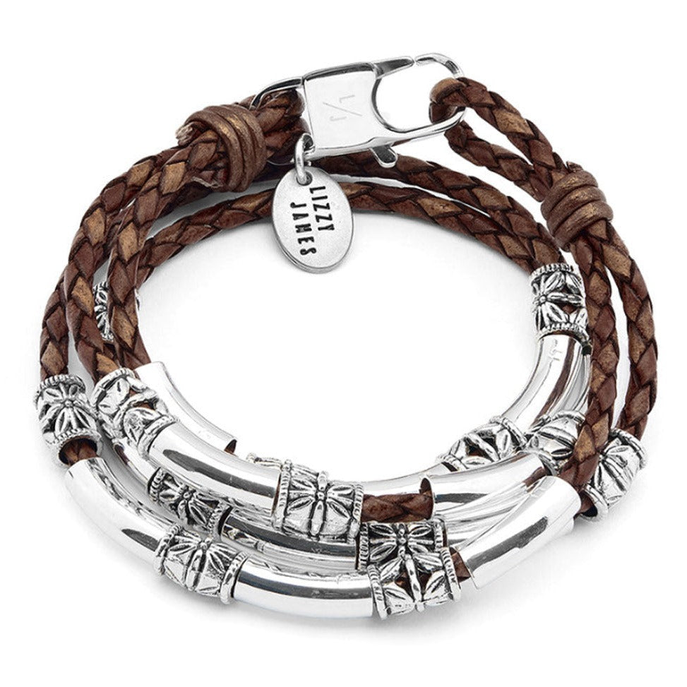 Woman's Maxi Braided Blue Leather Wrap Bracelet with Etched Silver Crescents | 8 Colors