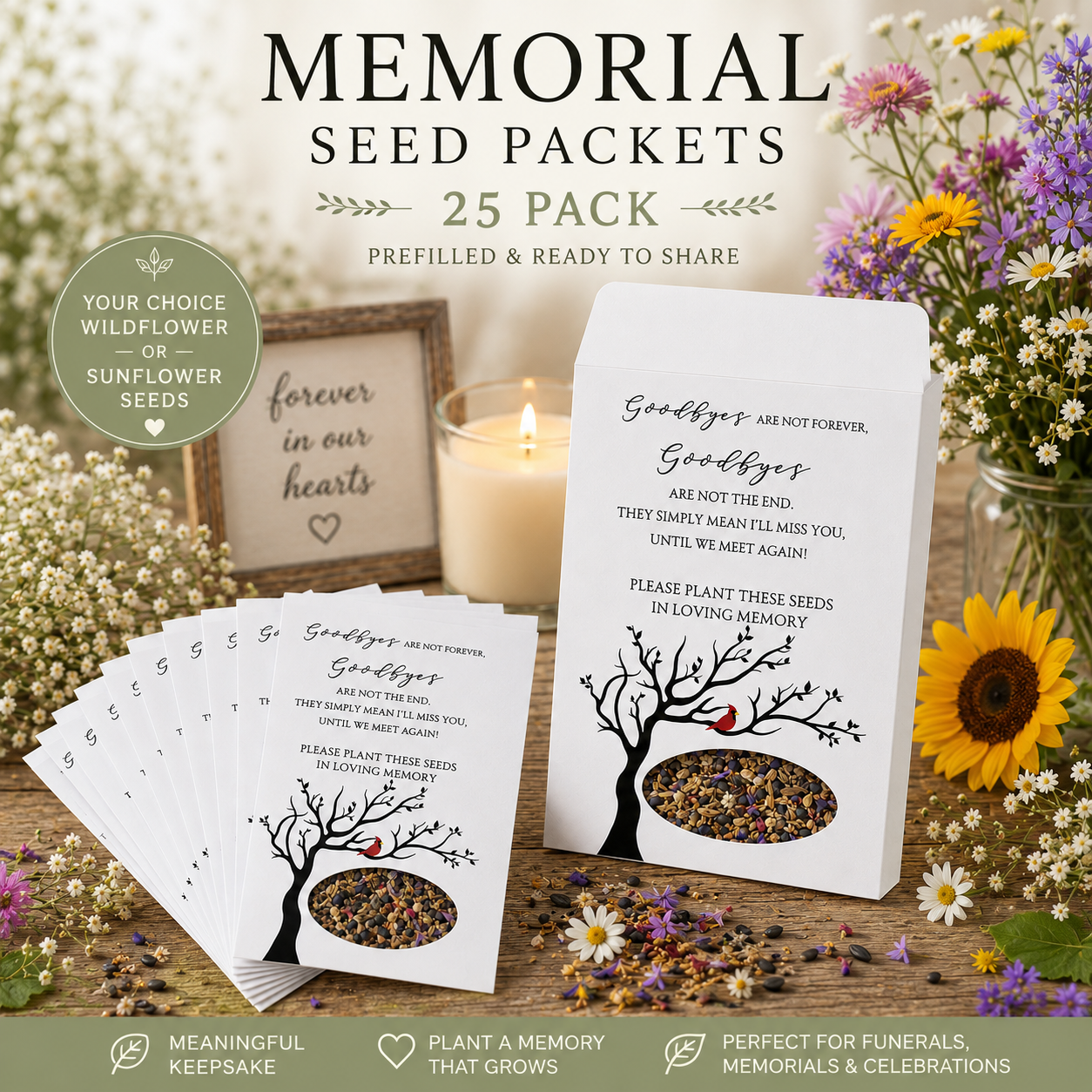 Memorial Seed Packets (25 Pack) – Wildflower or Sunflower Seeds – Funeral Favors