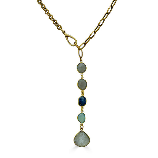 Gold Lariat with Kyanite, Moonstone and Chalcedony