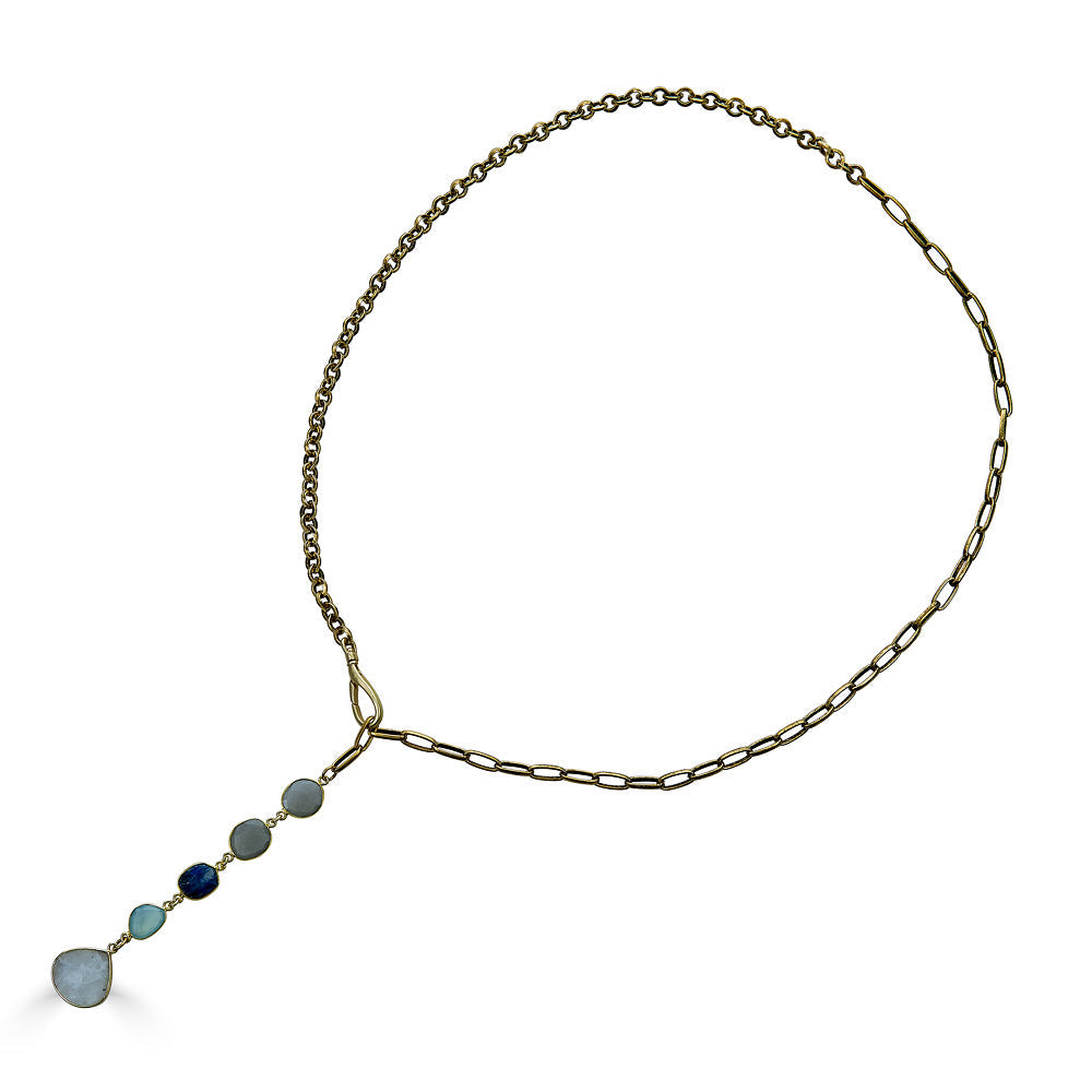 Gold Lariat with Kyanite, Moonstone and Chalcedony