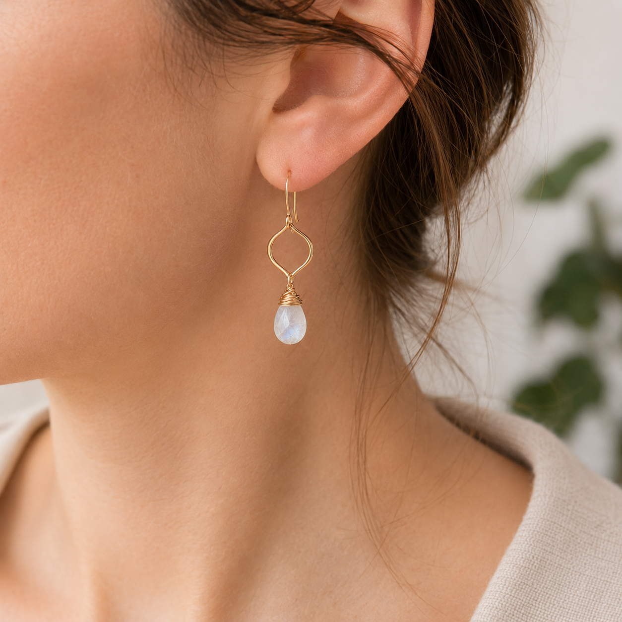 14k Gold Filled Moonstone Wire Wrapped Briolette Drop Earrings | OOAK
