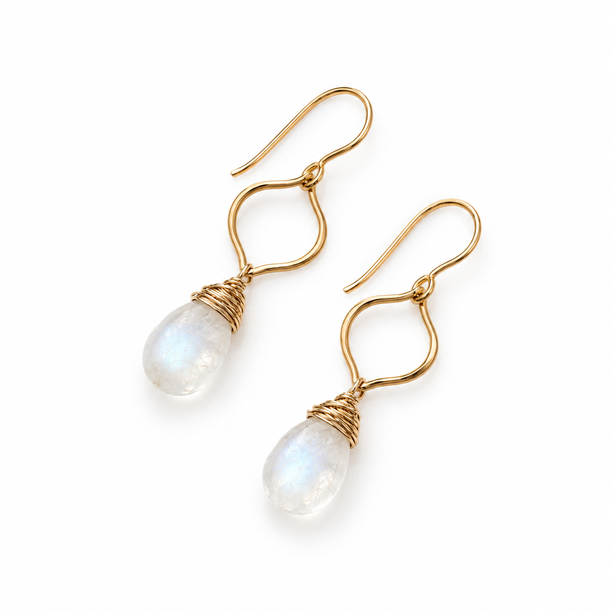14k Gold Filled Moonstone Wire Wrapped Briolette Drop Earrings | OOAK
