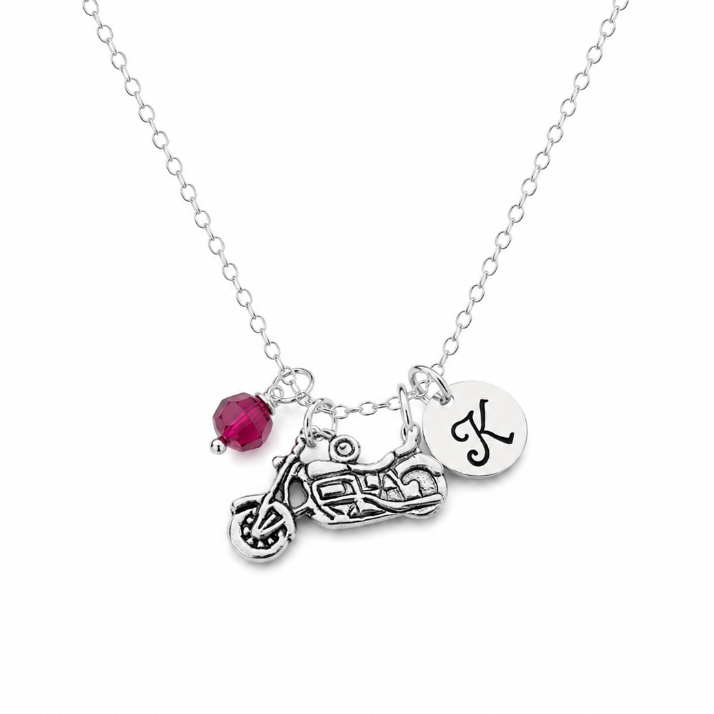 Personalized Motorcycle Necklace – Sterling Silver with Birthstone or Pearl