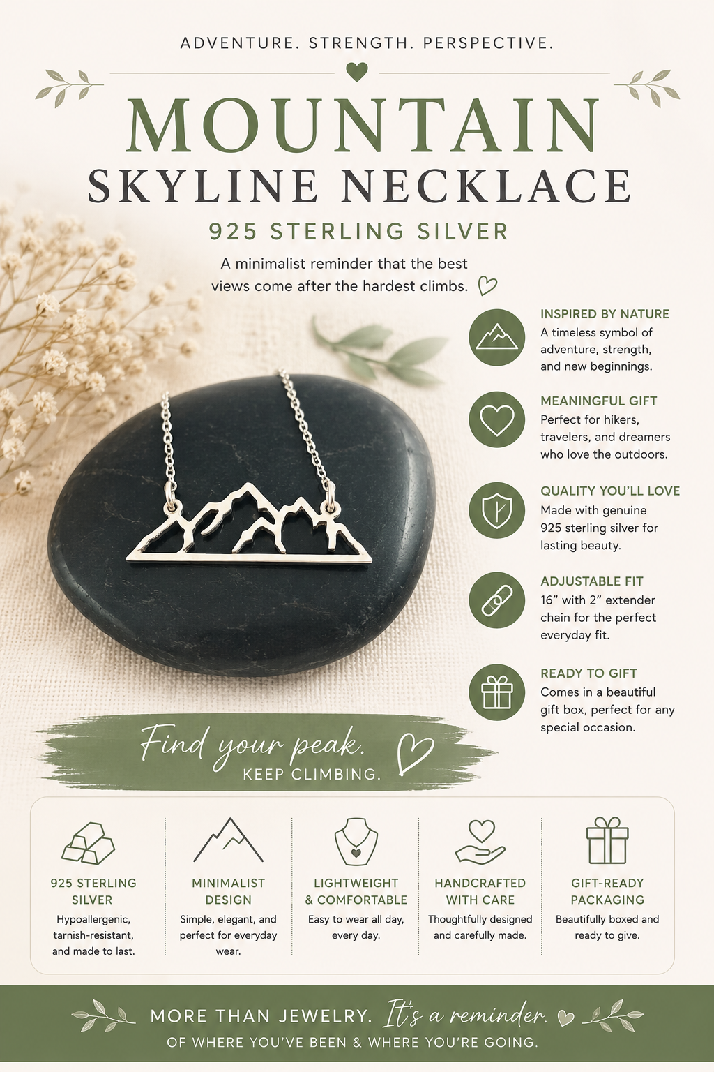 Mountain Skyline Bar 925 Sterling Silver Connector Necklace