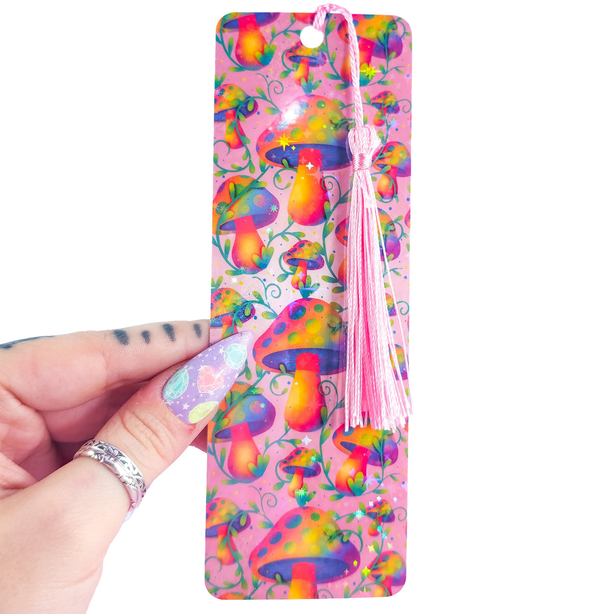Pink Mushroom Bookmark - Holographic Handmade Bookmark with Tassel Option