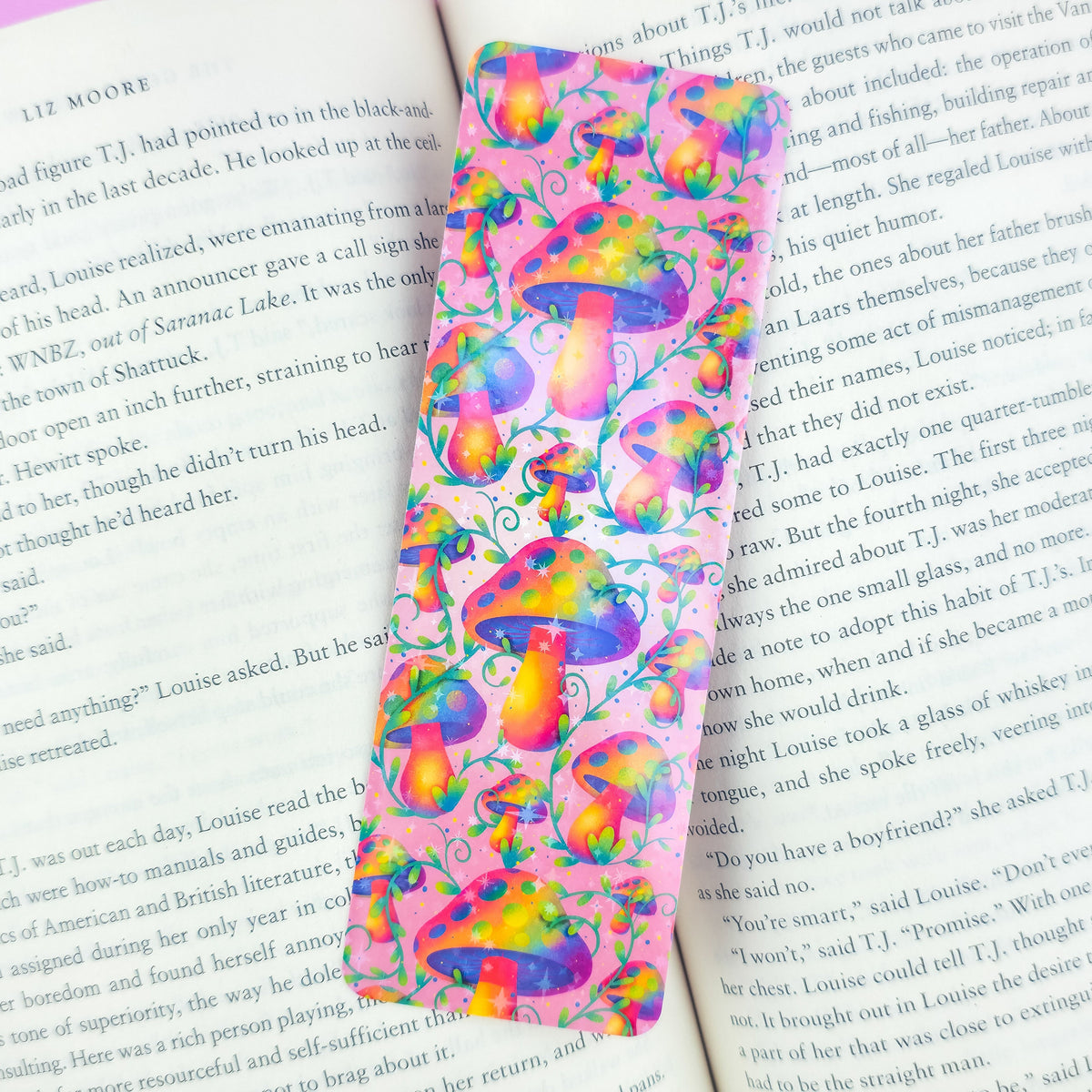 Pink Mushroom Bookmark - Holographic Handmade Bookmark with Tassel Option