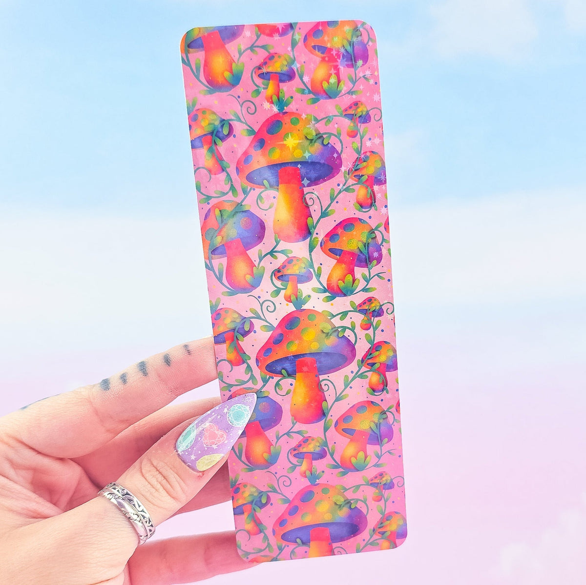 Pink Mushroom Bookmark - Holographic Handmade Bookmark with Tassel Option