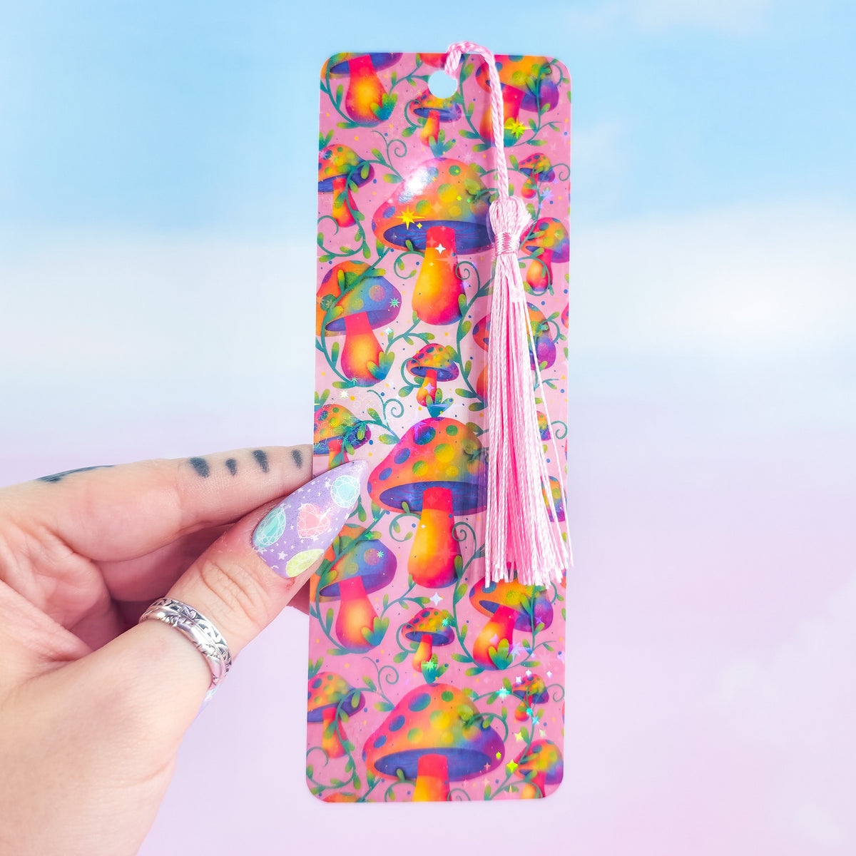 Pink Mushroom Bookmark - Holographic Handmade Bookmark with Tassel Option