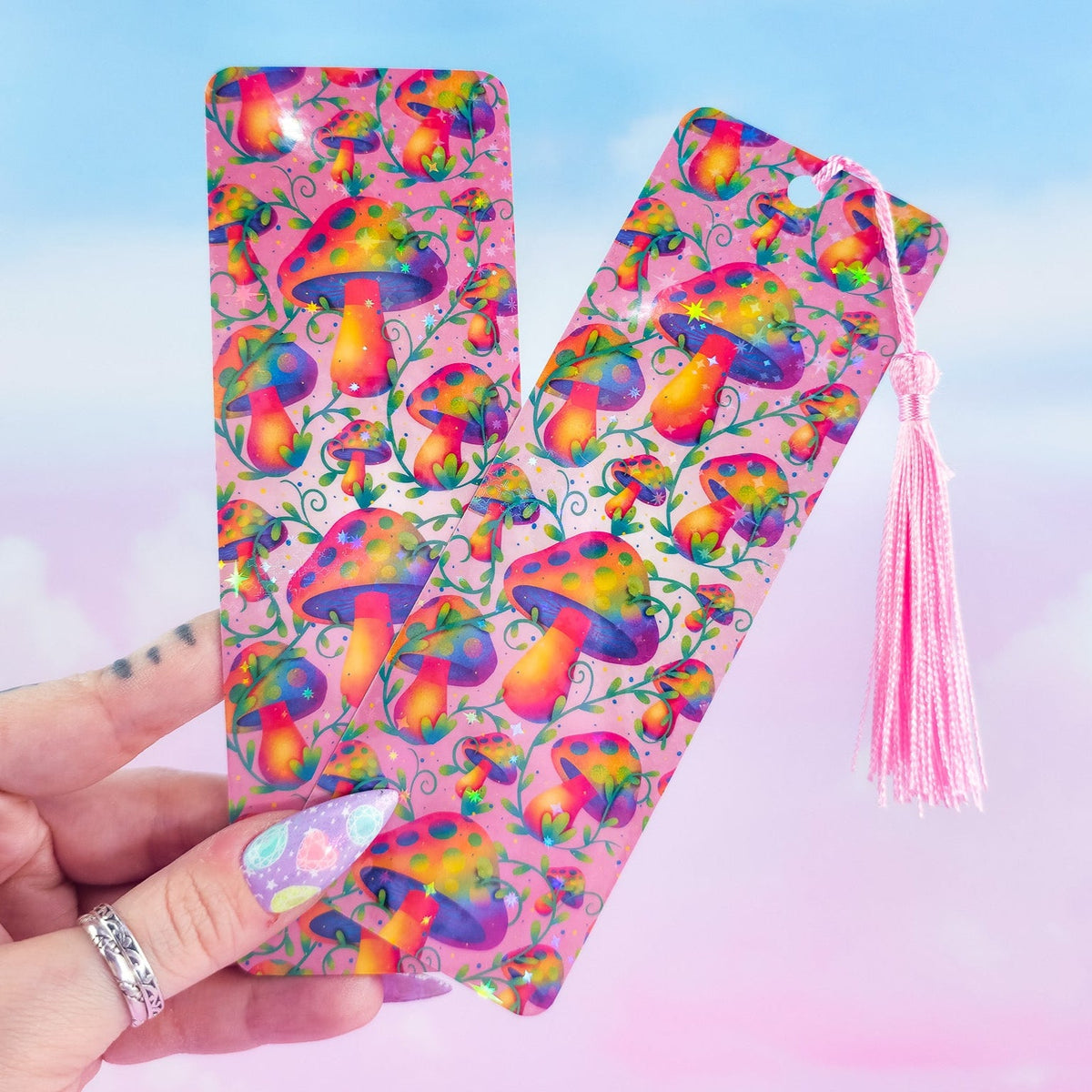 Pink Mushroom Bookmark - Holographic Handmade Bookmark with Tassel Option