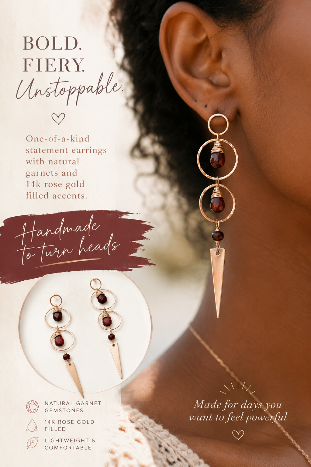 Garnet and 14k Rose Gold Filled Spike Earrings – Wire Wrapped Statement Earrings