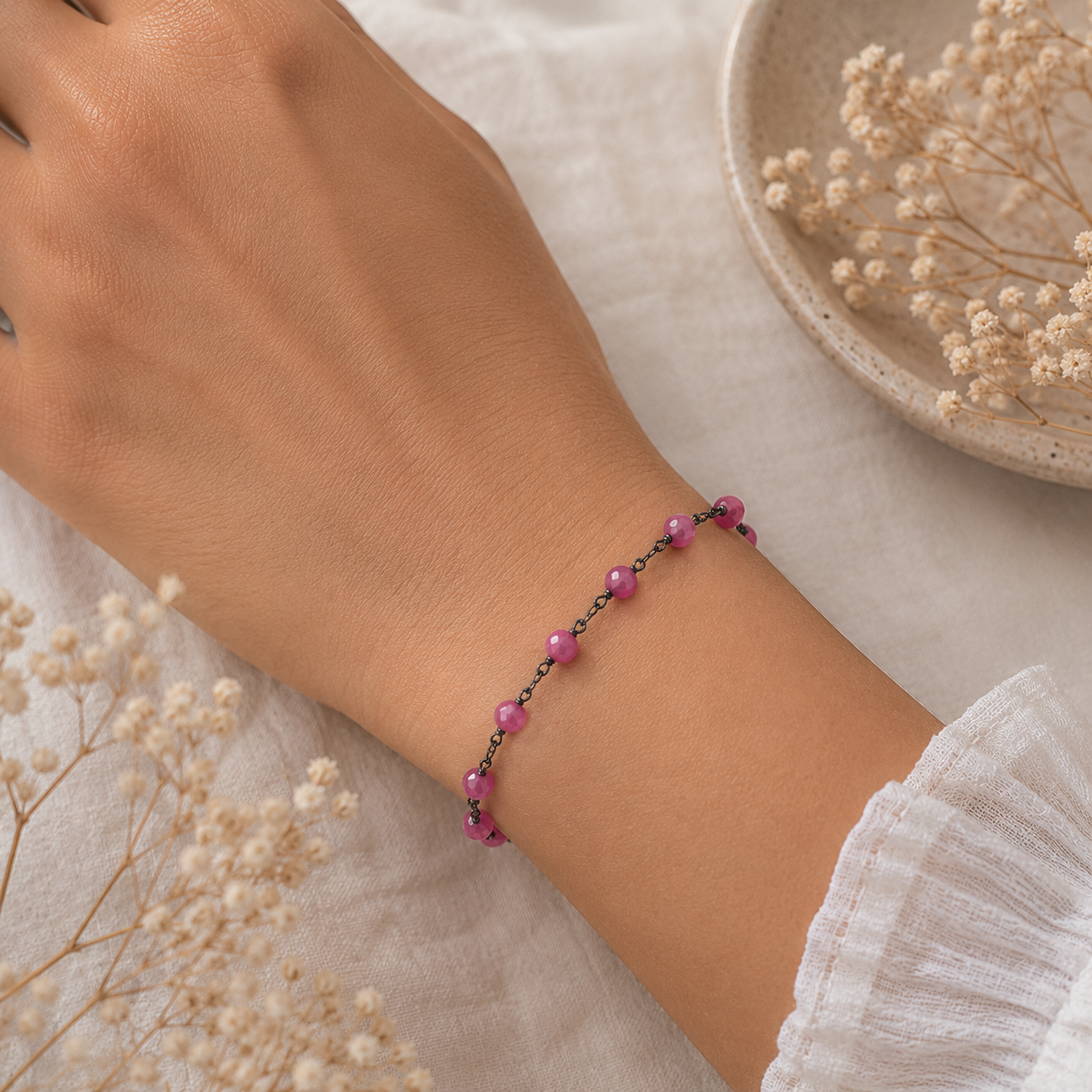 Oxidized Sterling Silver Hot Pink Agate Bracelet