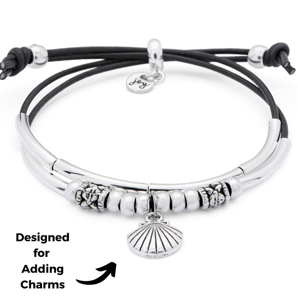 Pancake Silver Adjustable Bracelet in Black Leather | Add Charm Choice