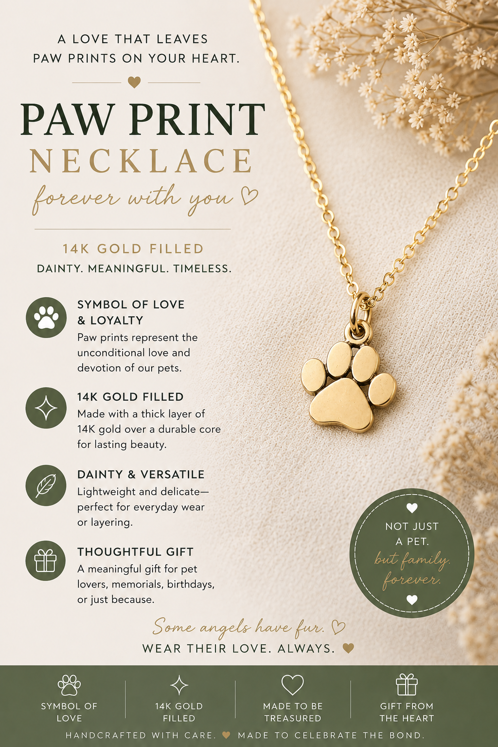 Paw Print Gold Charm Necklace - Dainty 14k Gold Filled Jewelry