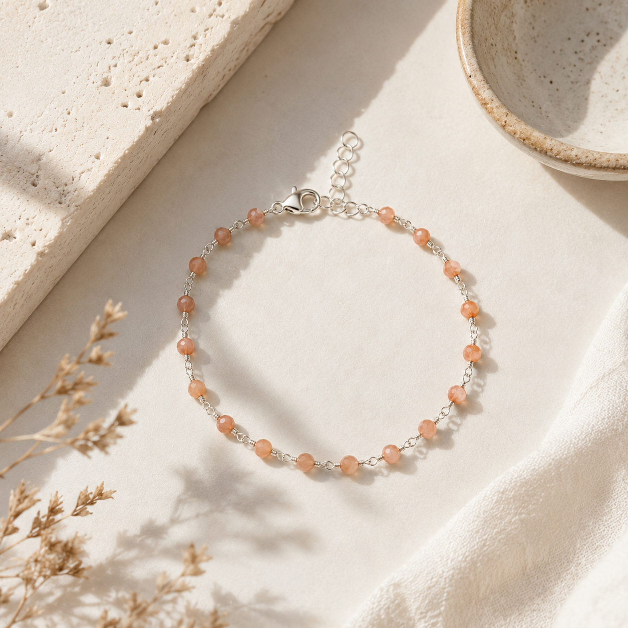 Peach Agate Wire Wrapped Sterling Silver Bracelet