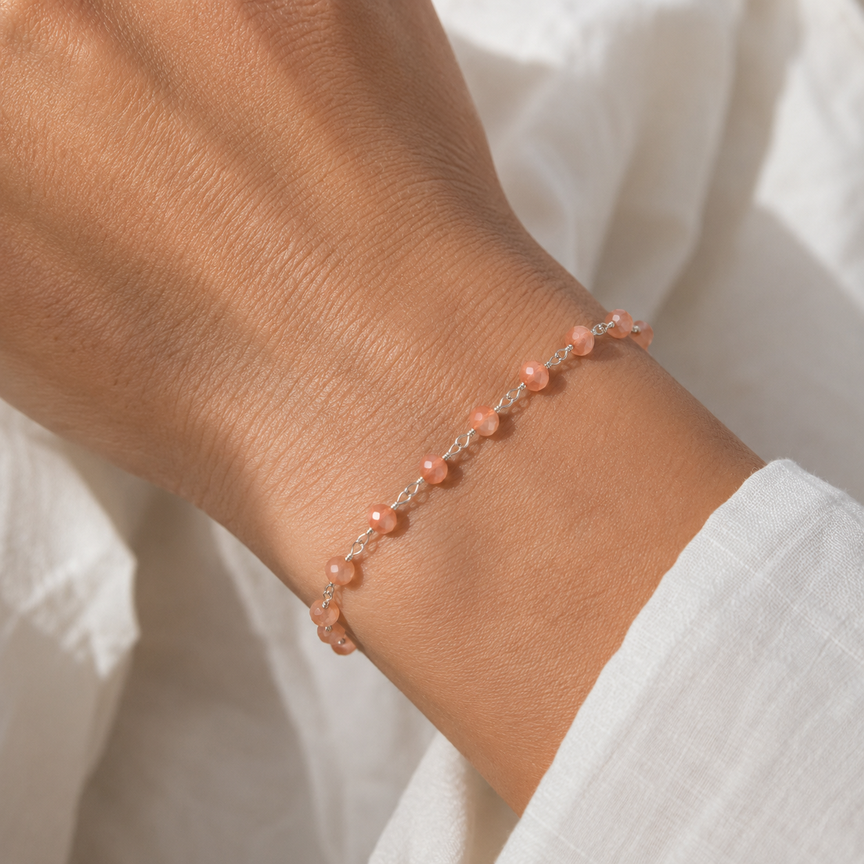 Peach Agate Wire Wrapped Sterling Silver Bracelet