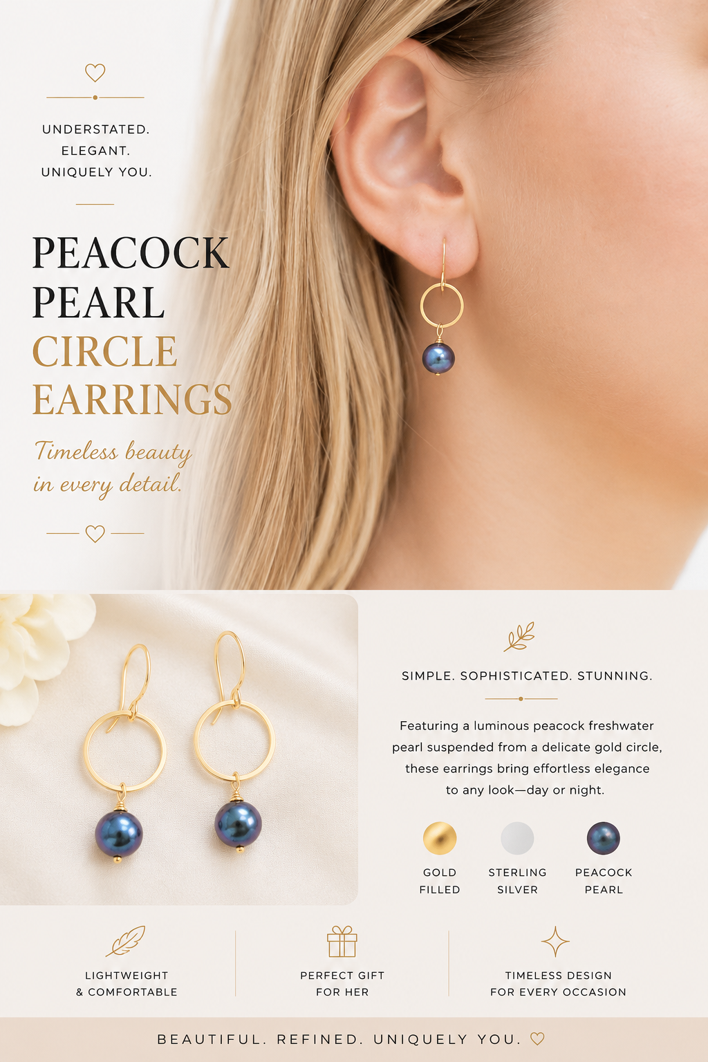 Peacock Freshwater Pearl Circle Earrings | Sterling Silver or Gold Filled