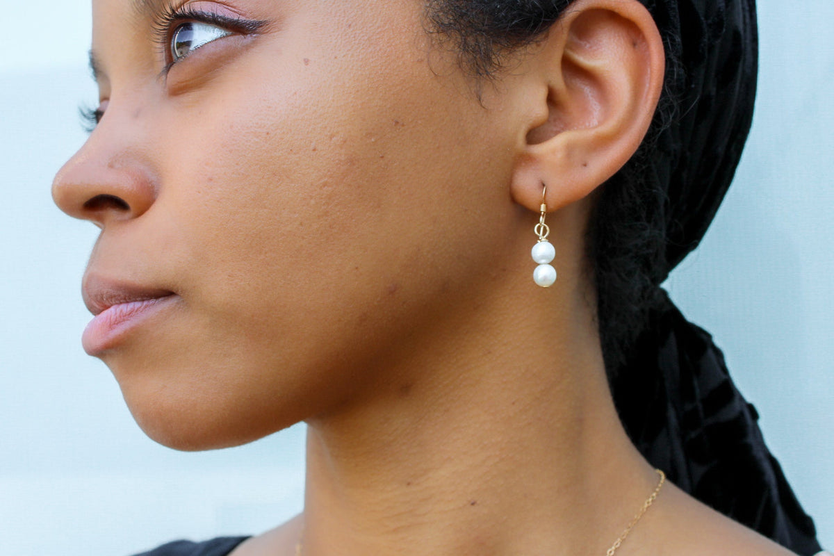 Double Freshwater Pearl Drop Earrings – Sterling Silver or 14K Gold Filled