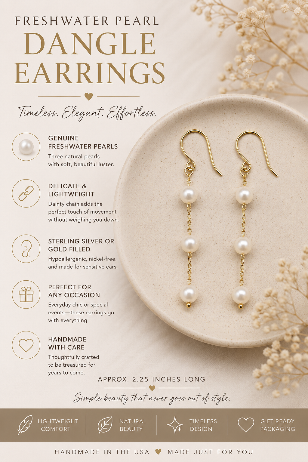 Freshwater Pearl Trio Drop Earrings – Sterling Silver or Gold Filled