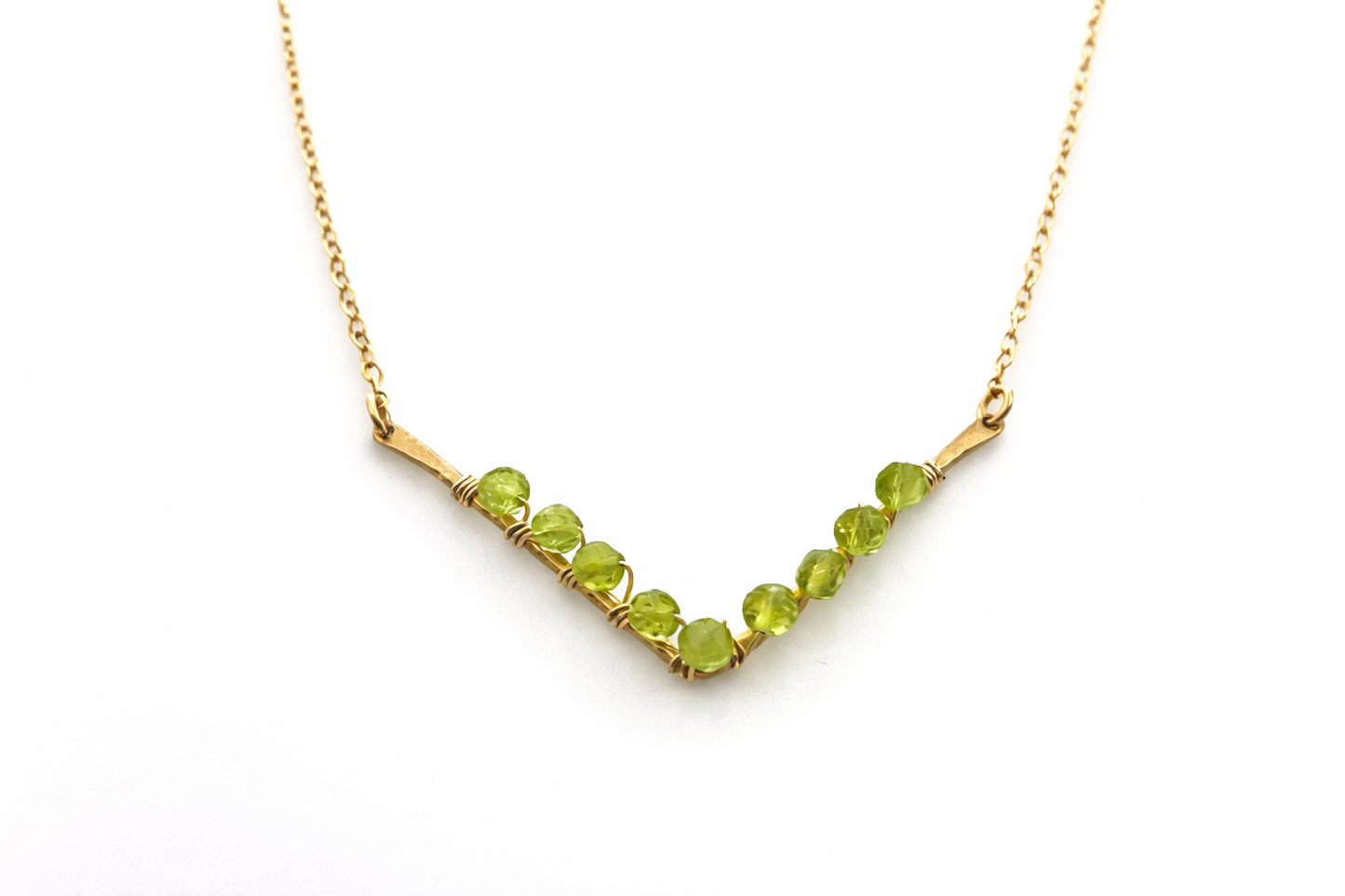 Peridot V Necklace – One-of-a-Kind Gold Filled Wire Wrapped Jewelry