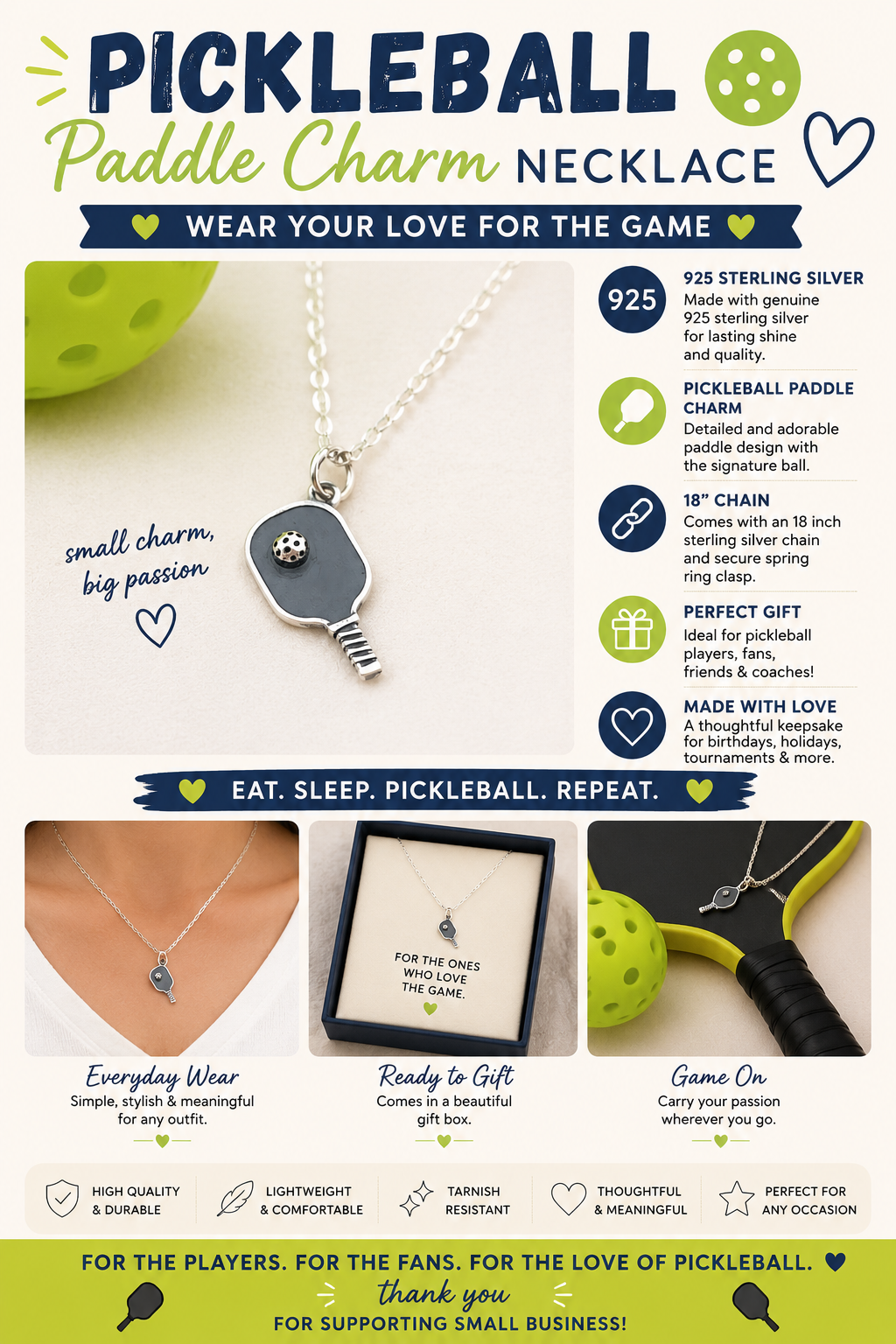 Pickleball Paddle Charm - Sports Pendant - Sterling Silver Necklace - Handmade Jewelry