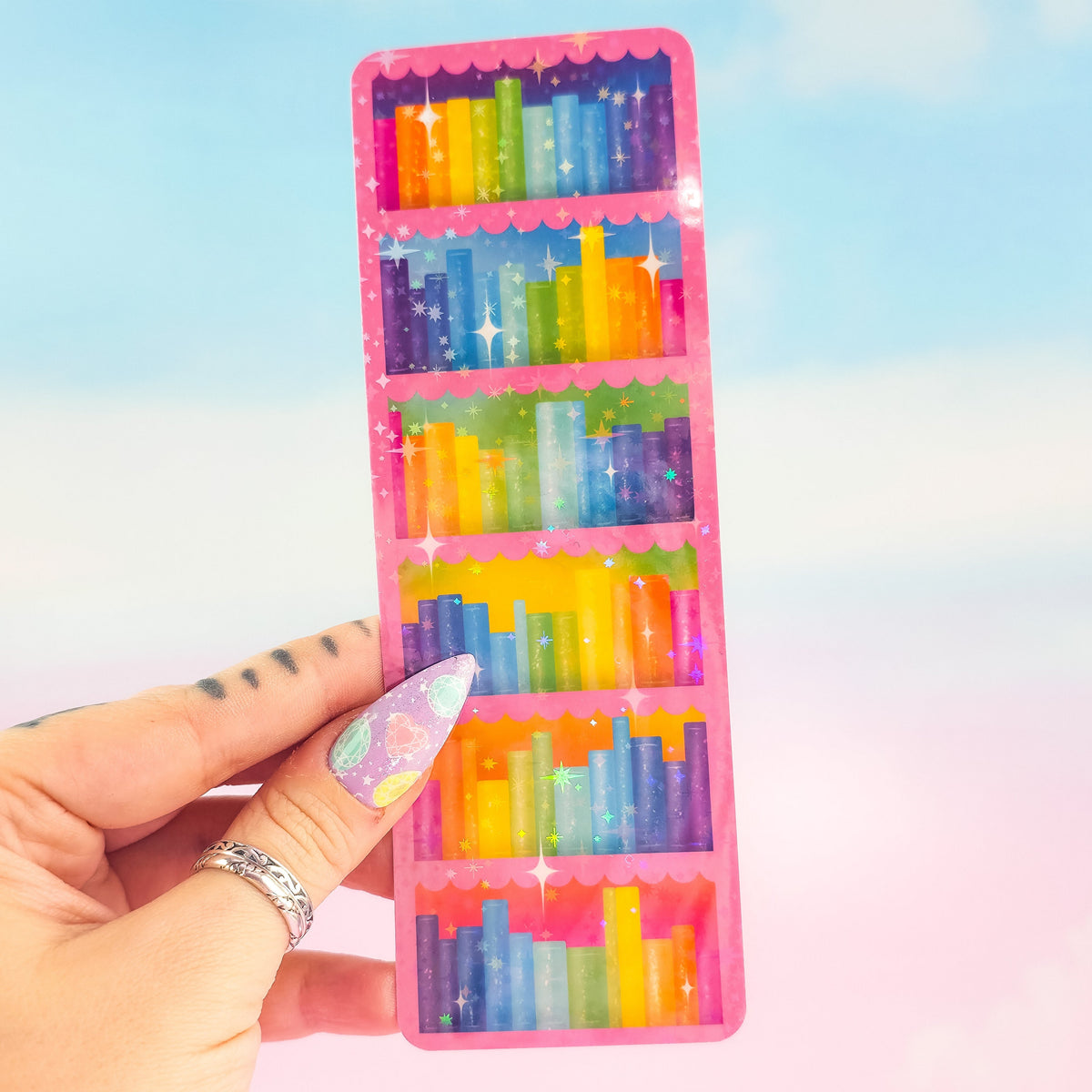 Pink Bookcase Holographic Bookmark - Rainbow Bookshelf Design, Book Lover Gift