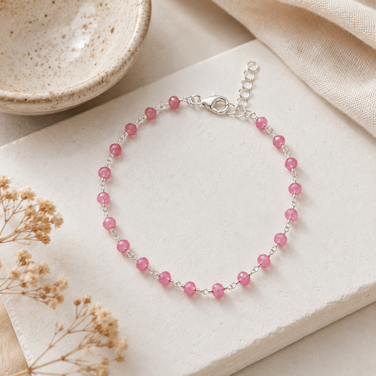 Hot Pink Agate Wire Wrapped Sterling Silver Bracelet