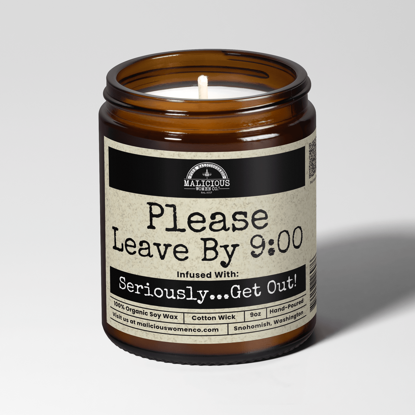 Please Leave By 9:00 | Scent: Cedar & Suede | 9oz Funny Candle | Malicious Women Co