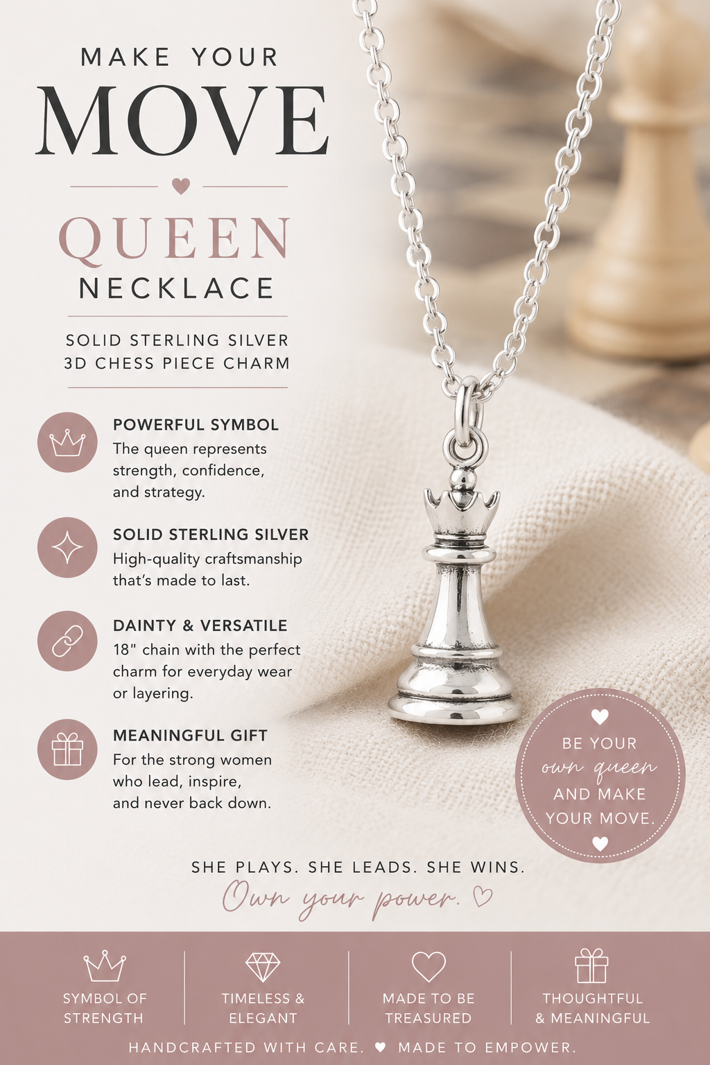 Solid Sterling Silver Queen Chess Necklace – 3D Charm on 18" Chain