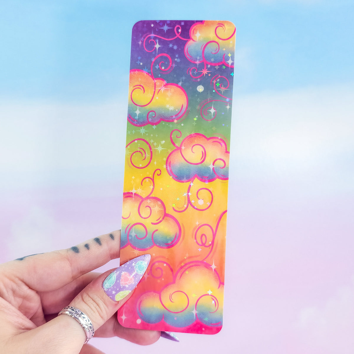 Rainbow Holographic Clouds Bookmark - Cute Colorful Bookmark, Book Lover Gift