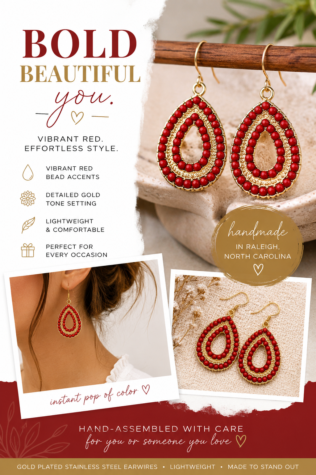 Red Beaded Teardrop Drop Earrings – Gold Tone Statement Jewelry, 1.5" Dangle