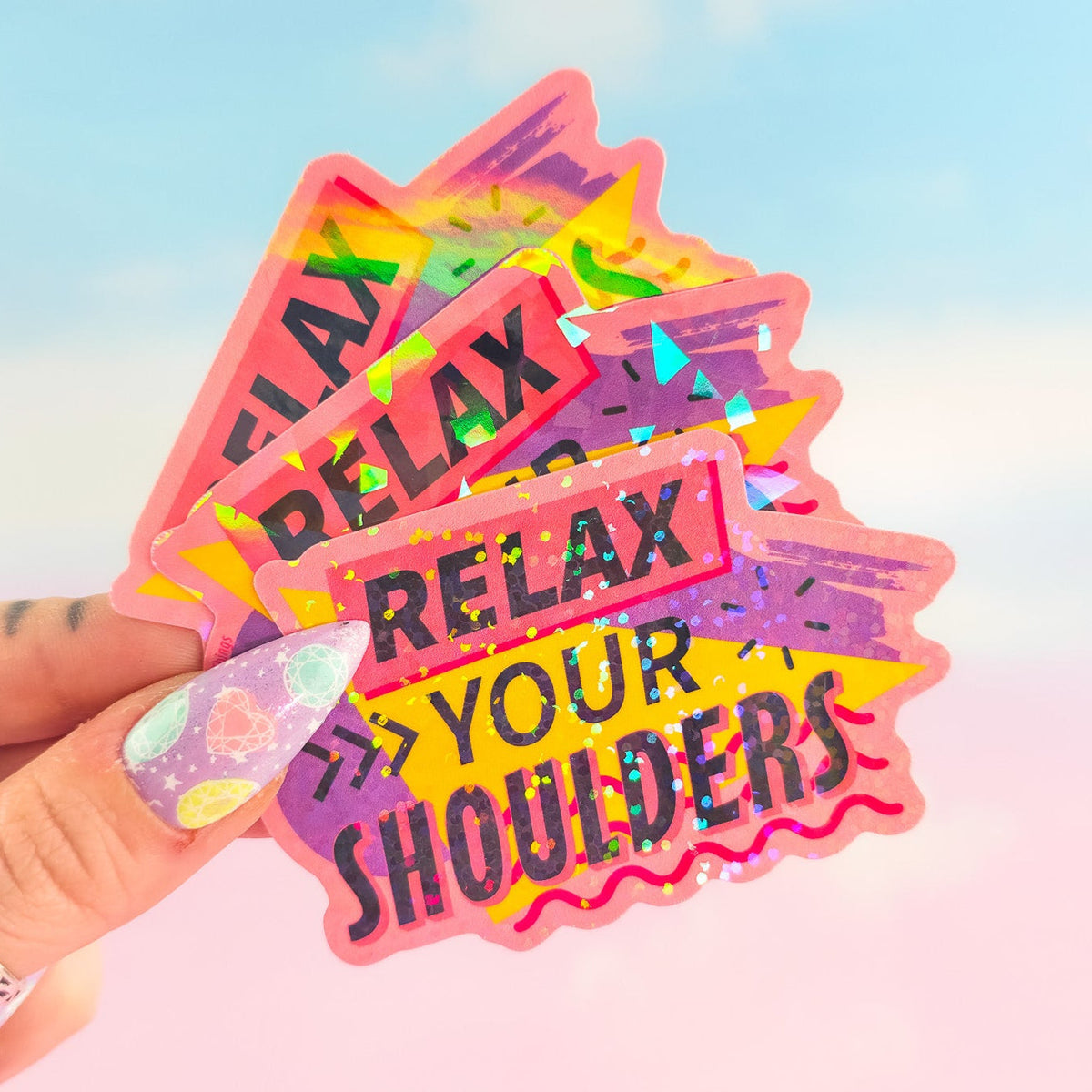 Relax Your Shoulders Holographic Sticker – Retro 90s Waterproof Decal