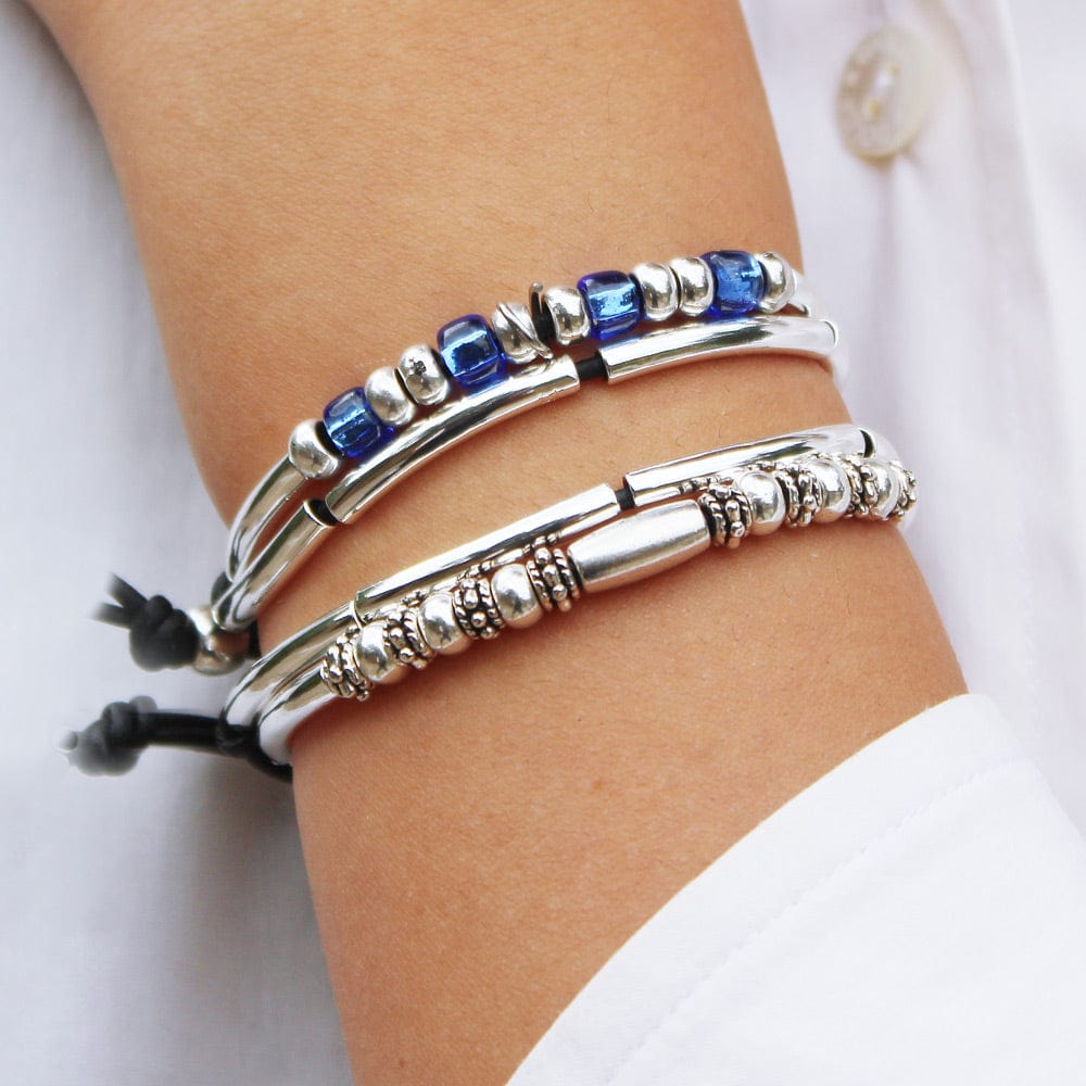 Bijou Silver Adjustable Bracelet in Black Leather for Women
